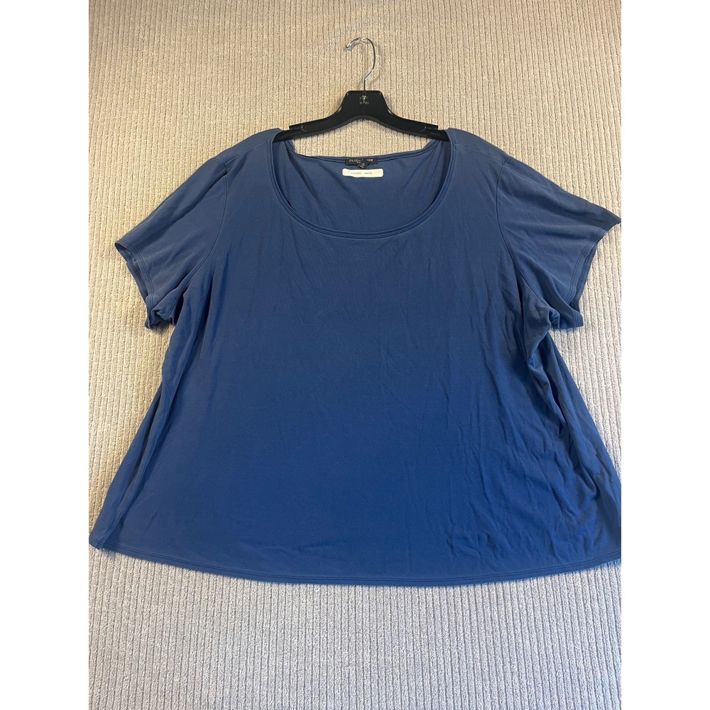Eileen Fisher Silk Top Womens 2X Blue Scoop Neck Short Sleeve Relaxed Pullover